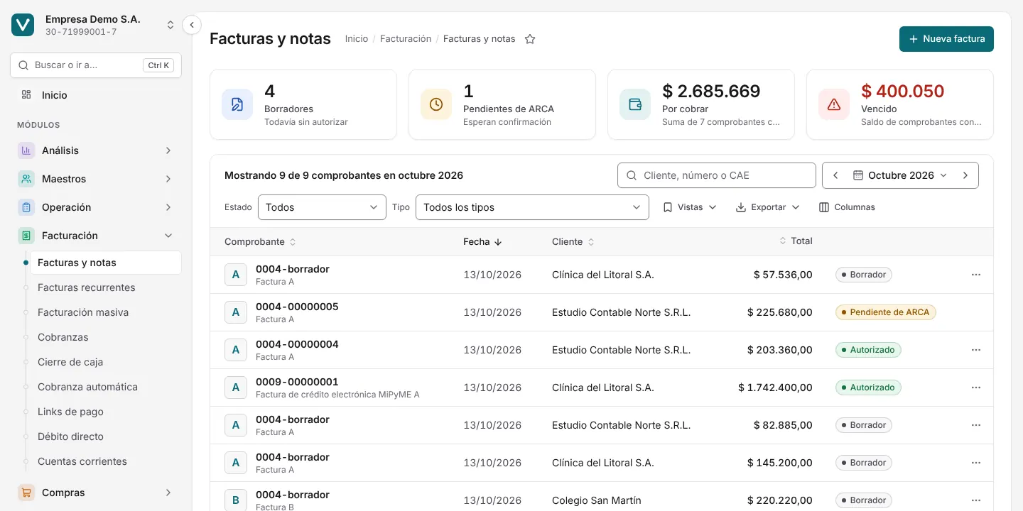 Pantalla real de Vektra ERP — Sistema de gestión en la nube: 🧾 Facturación SIFEN